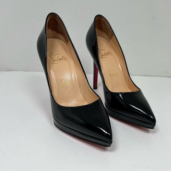 Christian Louboutin Shoes - Christian Louboutin Pointy Toe Black Shiny Leather Heels Red Bottoms Size 34 / 4